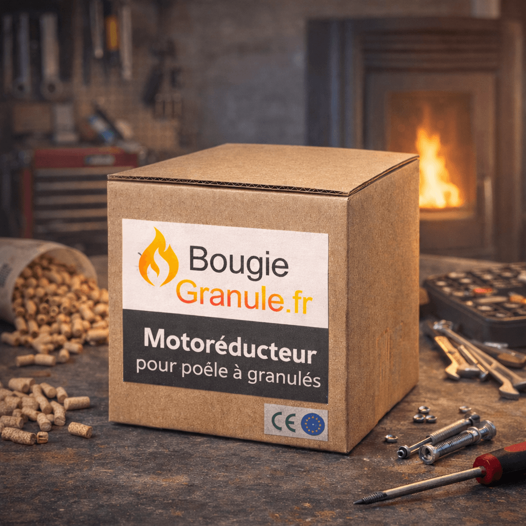 Motoréducteur pour poêle à granulés 5,3 RPM packaging on a workbench with wood pellets.