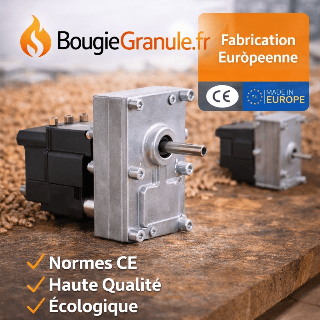 Motoréducteur 2 tr/min (RPM) avec encodeur pour poêle à granulés – Arbre 8,5 mm en vue de près avec granulés.