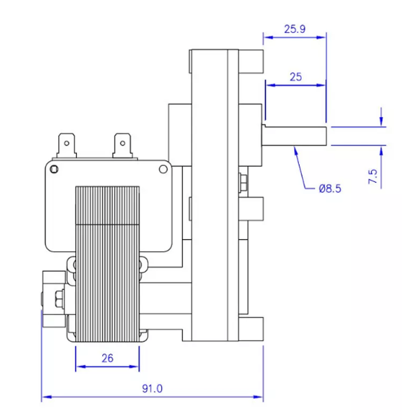 Motoréducteur moteur pour vis sans fin pour poêle à granulé Moretti Design, vue technique avec dimensions.