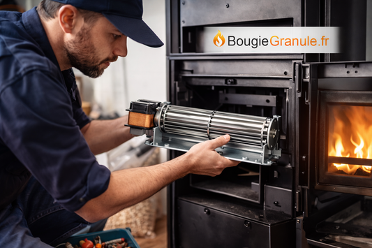 Homme installant un ventilateur tangentiel pour Zibro poêle à granulé dans une cheminée.