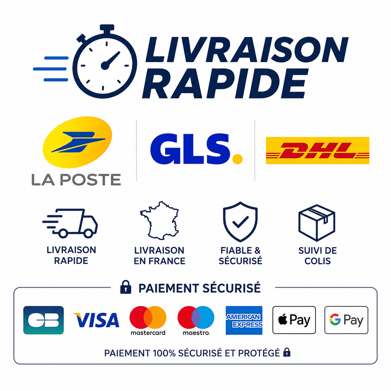 Livraison rapide avec logos de La Poste, GLS et DHL, services de livraison sécurisée en France.