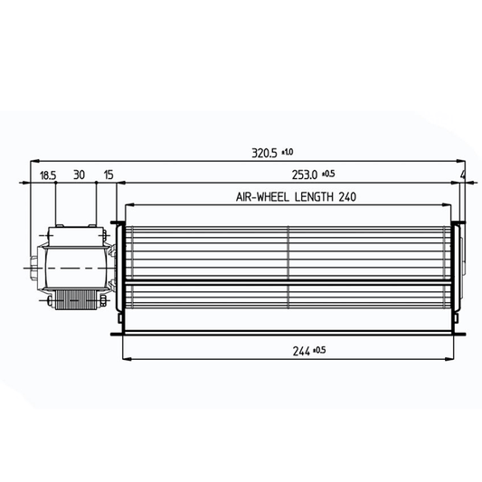 Schéma technique du Ventilateur tangentiel pour Cadel poêle à granulé avec dimensions clairement indiquées.