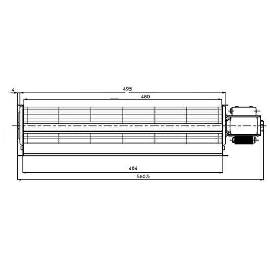 Ventilateur tangentiel 60mm/480mm pour poêle à granulés - 50W, vue de dessus avec dimensions.