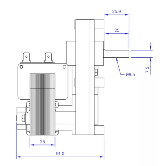 Motoréducteur moteur pour vis sans fin pour poêle à granulé Moretti Design, vue technique avec dimensions.