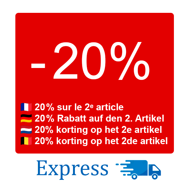 Bannière promotionnelle : 20 % de réduction sur le deuxième article en français, allemand et néerlandais avec icône de livraison express