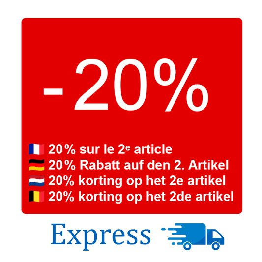 Bannière promotionnelle : 20 % de réduction sur le deuxième article en français, allemand et néerlandais avec icône de livraison express