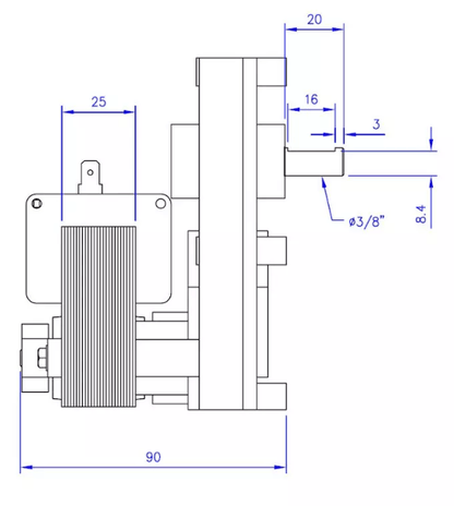 Motoréducteur pour Cadel poêle à granulé - schéma technique avec dimensions.