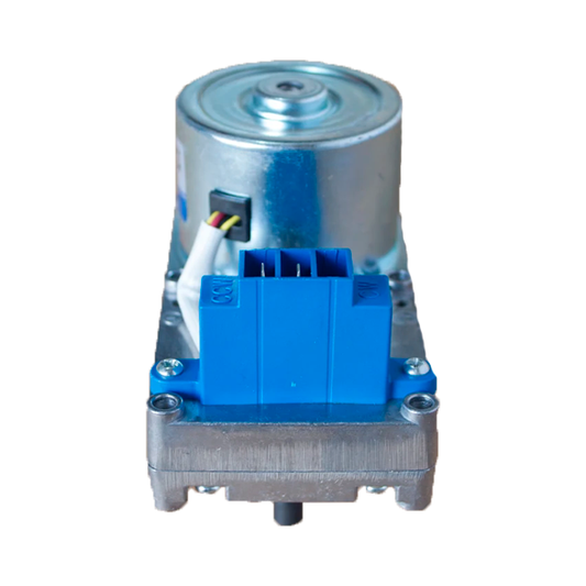 Motoréducteur 2 tr/min pour poêle à granulés, vue frontale du moteur électrique avec connecteur bleu.